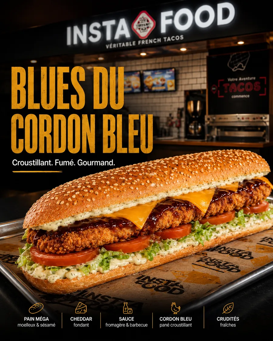 Mega Sandwich Blues du Cordon Bleu Instafood : cordon bleu croustillant, cheddar fondant, pain toaste, a Rabat Souissi